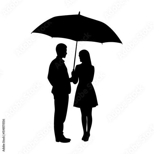 Silhouette of a romantic couple sharing an umbrella isolated on white background