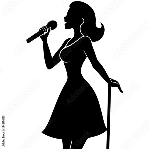 Silhouette of a female singer holding a microphone, isolated on white background