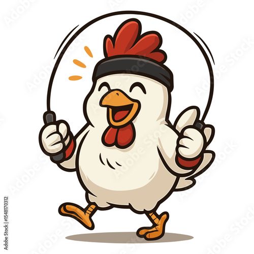Cartoon chicken with a skipping rope enjoys happy exercise