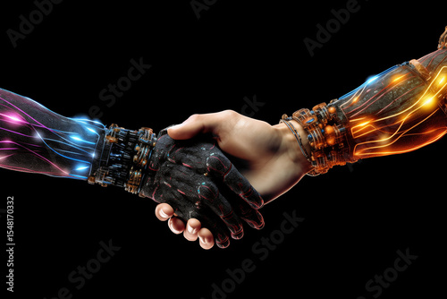 Handshake between a human and a robotic arm, symbolizing technological cooperation and the future of AI-human collaboration.