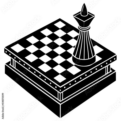 Isometric black and white chessboard with queen