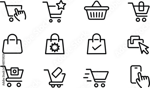 Black Line Shopping Cart Bag Basket Icons Set Online Purchase E Commerce Symbols