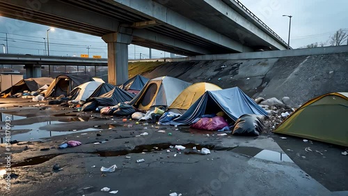 Row of Tents in Urban Homeless Encampment Under Concrete Overpass Surrounded by Trash and Harsh Conditions