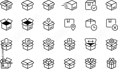 Collection of Black and White Box Icons Showing Various Package States Delivery and Unpacking
