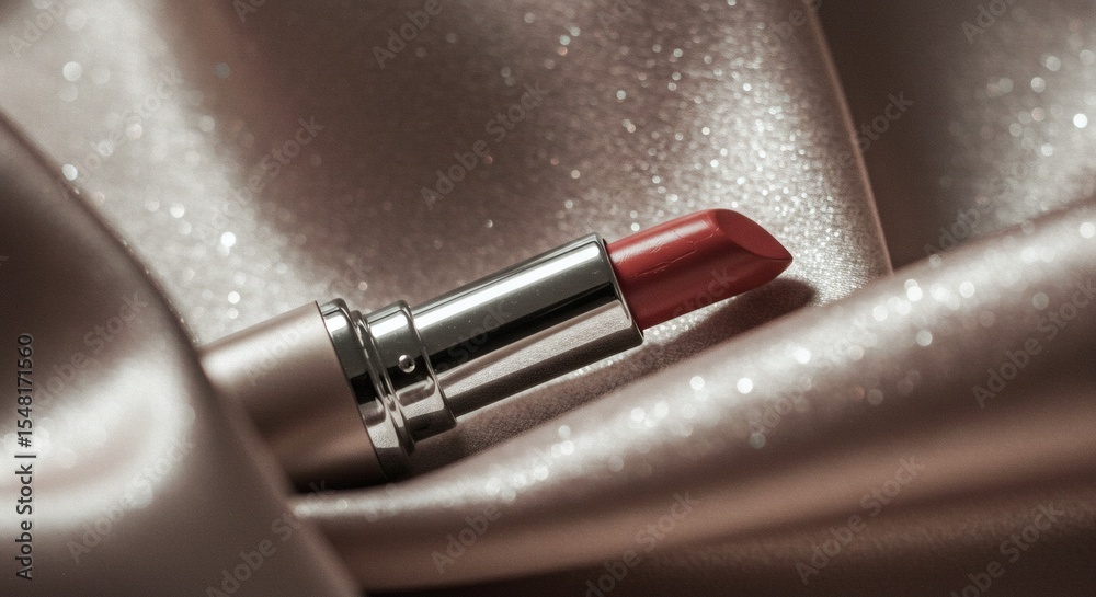 Naklejka premium Elegant Red Lipstick on Luxurious Shimmering Satin Fabric Close Up Beauty Shot
