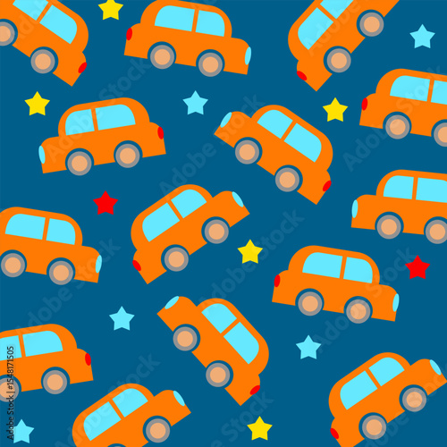 blue and orange seamless pattern illustration cartoon of cute car for kids apparel