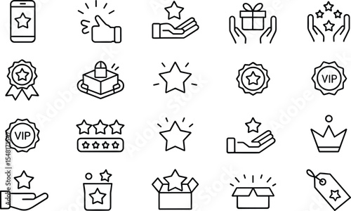 Collection of Black Line Icons Depicting Stars Rewards Gifts V I P Badges and Customer Ratings on White