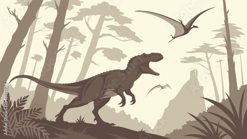 Dinosaur a highly detailed and realistic vector-style illustration of a prehistoric forest scene featuring dinosaurs. Isolated vector illustration. 