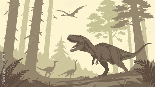 Dinosaur a highly detailed and realistic vector-style illustration of a prehistoric forest scene featuring dinosaurs. Isolated vector illustration. 