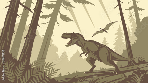 Dinosaur a highly detailed and realistic vector-style illustration of a prehistoric forest scene featuring dinosaurs. Isolated vector illustration. 