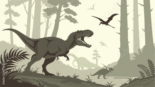 Dinosaur a highly detailed and realistic vector-style illustration of a prehistoric forest scene featuring dinosaurs. Isolated vector illustration. 