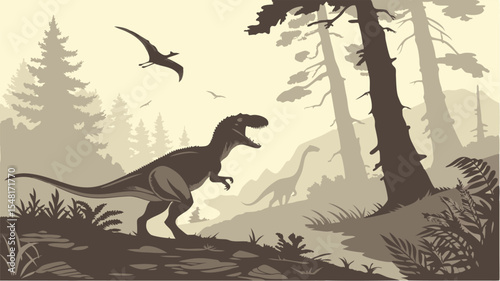 Dinosaur a highly detailed and realistic vector-style illustration of a prehistoric forest scene featuring dinosaurs. Isolated vector illustration. 