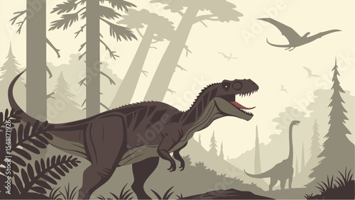 Dinosaur a highly detailed and realistic vector-style illustration of a prehistoric forest scene featuring dinosaurs. Isolated vector illustration. 
