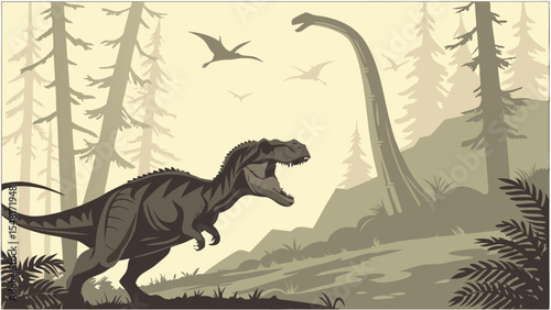 Dinosaur a highly detailed and realistic vector-style illustration of a prehistoric forest scene featuring dinosaurs. Isolated vector illustration. 