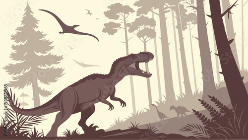 Dinosaur a highly detailed and realistic vector-style illustration of a prehistoric forest scene featuring dinosaurs. Isolated vector illustration. 