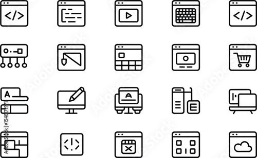 Collection of Black Outline Web Browser Icons Illustrating Various Online Functions and Activities
