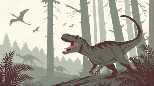 Dinosaur a highly detailed and realistic vector-style illustration of a prehistoric forest scene featuring dinosaurs. Isolated vector illustration. 