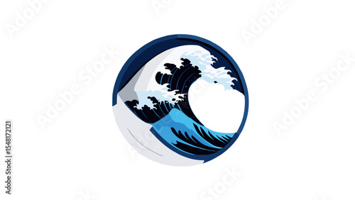 Stylized illustration of a classic wave in a circular design, showcasing dynamic ocean movement and vibrant blue colors