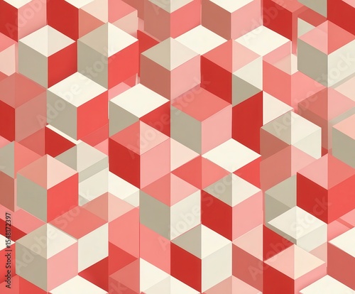 isometric grid of cubes, soft coral red and beige tones