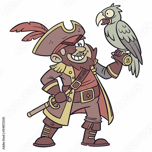 A cartoon pirate with a red feathered hat, a sword, and a parrot on his hand in a standing position