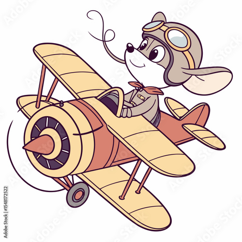 Cartoon mouse pilot flying a biplane with goggles and helmet in the sky with a propeller spinning