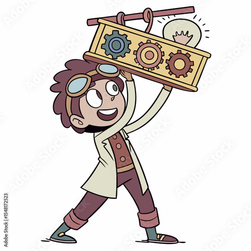Cartoon boy with goggles holding a box with gears and a light bulb above his head in a joyful pose
