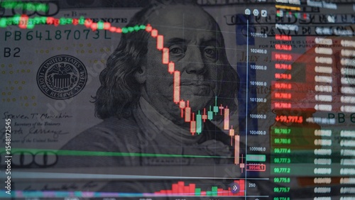 Red Bitcoin Candlestick Chart with US Dollar bills in the Background, crypto market crash. Stock Market collapse and Exchange volatility. Bitcoin Price Evolution. Financial risk, panic and devaluation