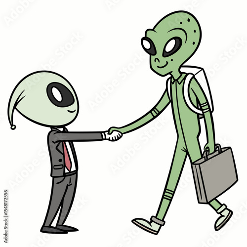 Two cartoon aliens in business attire shaking hands in a friendly manner on a white background scene