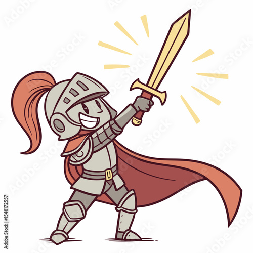 Illustration of a cheerful knight in armor holding a shining sword with a red cape and helmet plume aloft