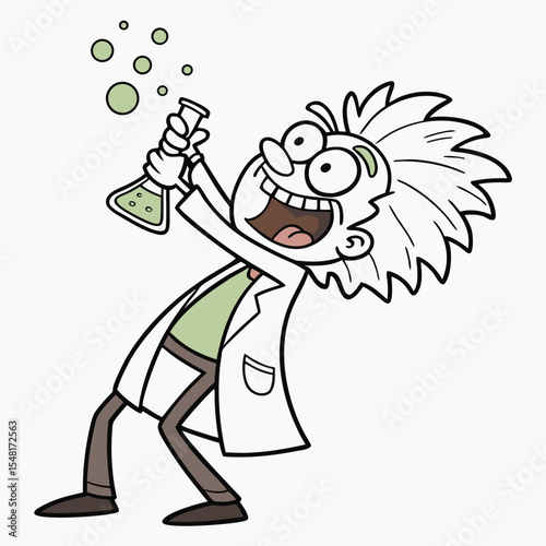 Cartoon mad scientist with wild hair holding a flask with bubbling green liquid in a white lab coat