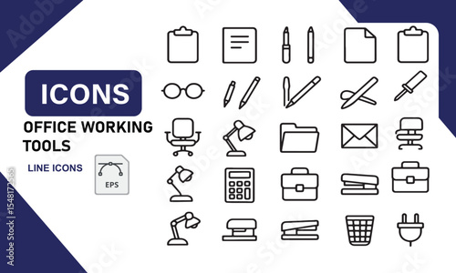 Streamlined Office Working Tools Line Icons for Efficiency and Productivity