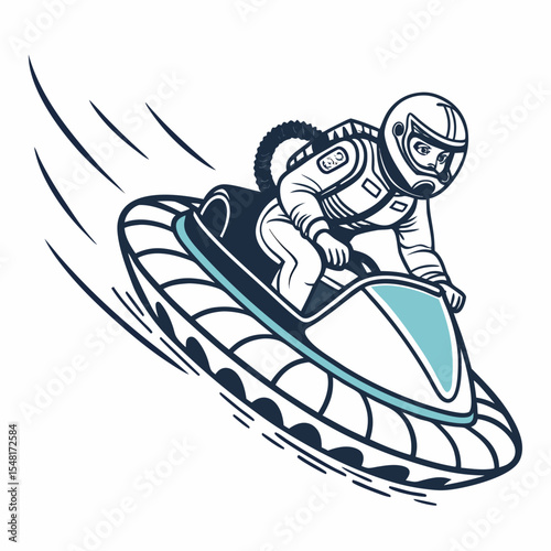 Astronaut in a spacesuit riding a futuristic hovercraft with motion lines indicating speed and movement forward