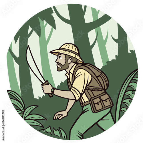 Explorer with machete navigating through dense jungle foliage in a circular framed cartoon illustration