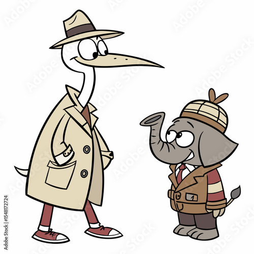 Cartoon stork in trench coat and hat standing next to cartoon elephant in detective outfit smiling