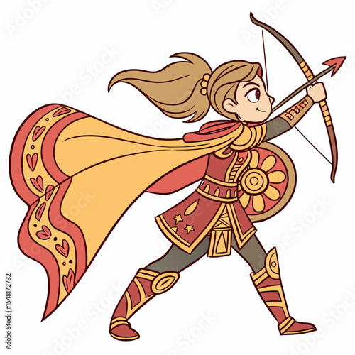 Cartoon archer girl with bow and arrow wearing cape and armor in action pose ready to shoot arrow