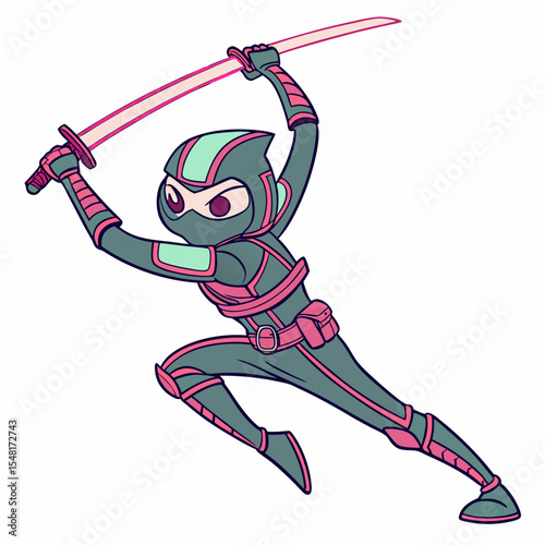Cartoon ninja character in gray and pink suit holding a katana sword in a dynamic action pose ready to strike