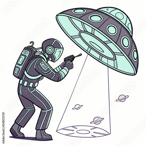 Astronaut aiming a blaster at a ufo with a beam and planets in the background on a white background