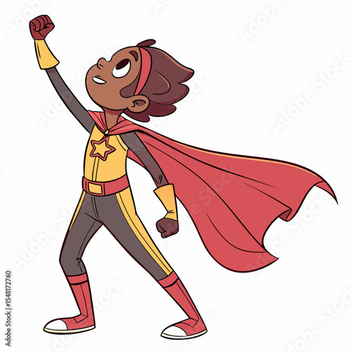 Illustration of a superhero girl with a red cape and a yellow suit raising her fist in the air proudly
