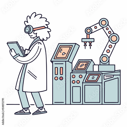Scientist in lab coat using tablet next to machinery with robotic arm and control panels in a lab setting