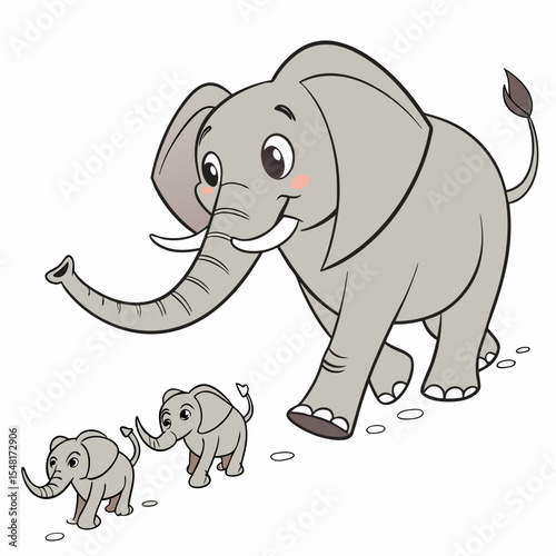 Cartoon illustration of a large elephant walking with two smaller elephants leaving footprints behind them