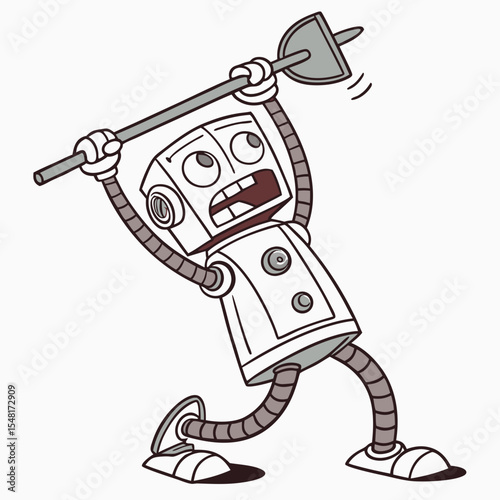 Cartoon robot with square head and flexible limbs holding a plunger above its head in a distressed manner
