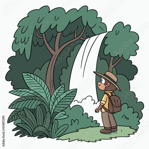 A young explorer with backpack stands admiring a waterfall surrounded by lush green foliage and trees near him