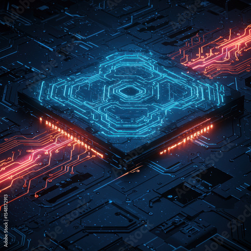 Futuristic technology with glowing blue and red digital circuit. An isometric view of data network showing powerful processing and connections. high tech design for future
