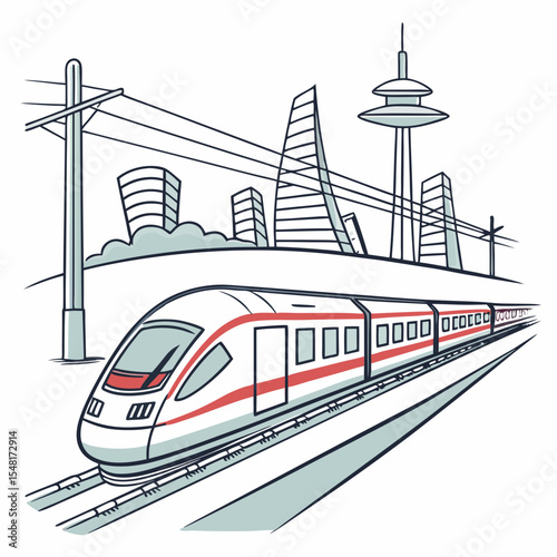 Illustration of a high speed train on tracks with city skyline featuring skyscrapers and a tower in the background