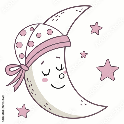 Crescent moon wearing a nightcap with pink bow and stars floating around it on a white background art