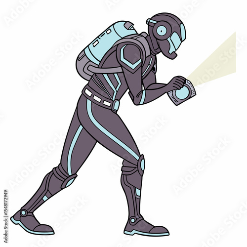 Illustration of a futuristic diver in a dark suit with a light blue trim and holding a light source