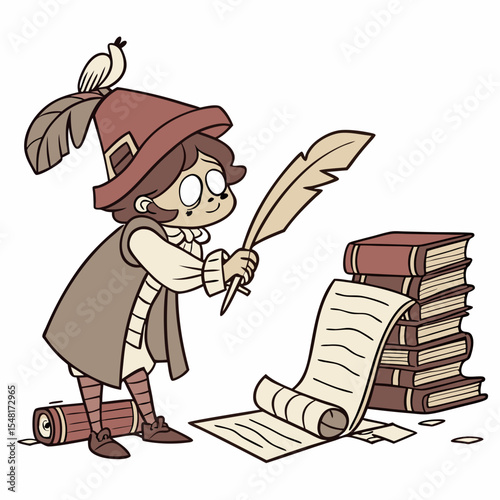 Cartoon scribe with quill and stack of books wearing a hat with a bird and rolled parchment paper