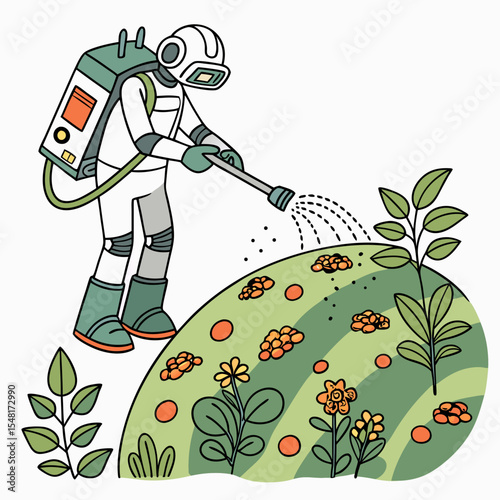 Astronaut in a spacesuit watering a garden with flowers and plants on a green hill with a sprayer tool