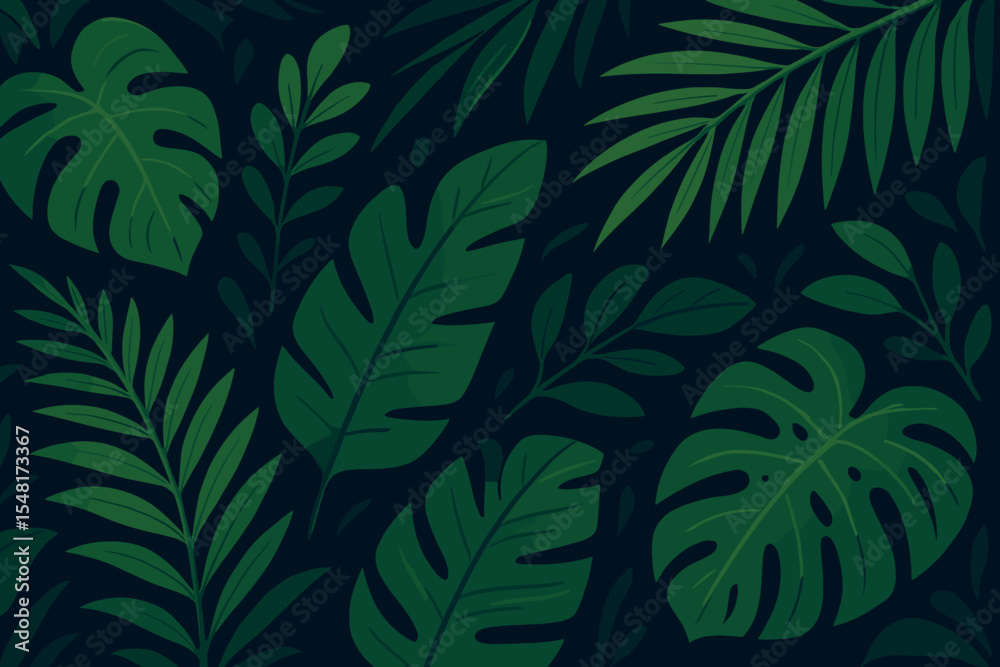 custom made wallpaper toronto digitalTropical green leaves on a dark background. Vector cartoon illustration of jungle foliage with monstera and palm leaf. Exotic summer forest seamless pattern for botanical wallpaper.