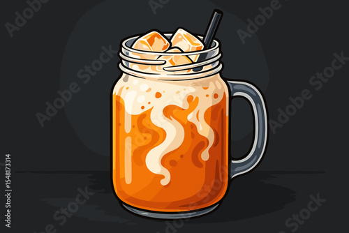 Vector illustration of Thai iced tea in a glass mason jar. Traditional sweet Asian cold drink with milk and ice cubes. Refreshing summer beverage for a cafe menu or sticker.